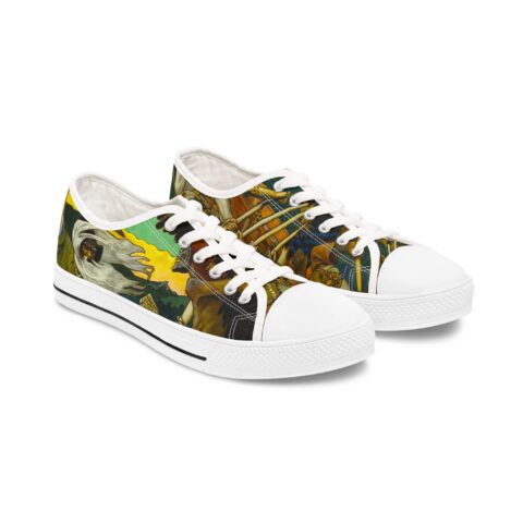 Pair of white low-top canvas sneakers with a vibrant, detailed artistic print depicting mythological or classical figures in motion, featuring white laces and rubber soles.